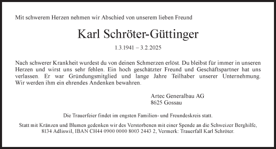 Traueranzeige von Karl Schröter-Güttinger von AvU