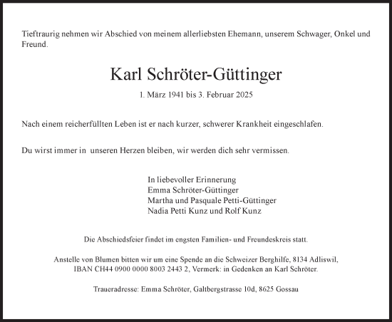 Traueranzeige von Karl Schröter-Güttinger von AvU