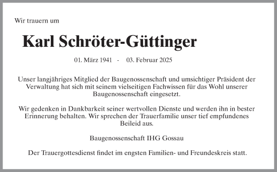 Traueranzeige von Karl Schröter-Güttinger von AvU