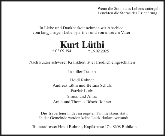 Traueranzeige von Kurt Lüthi von AvU