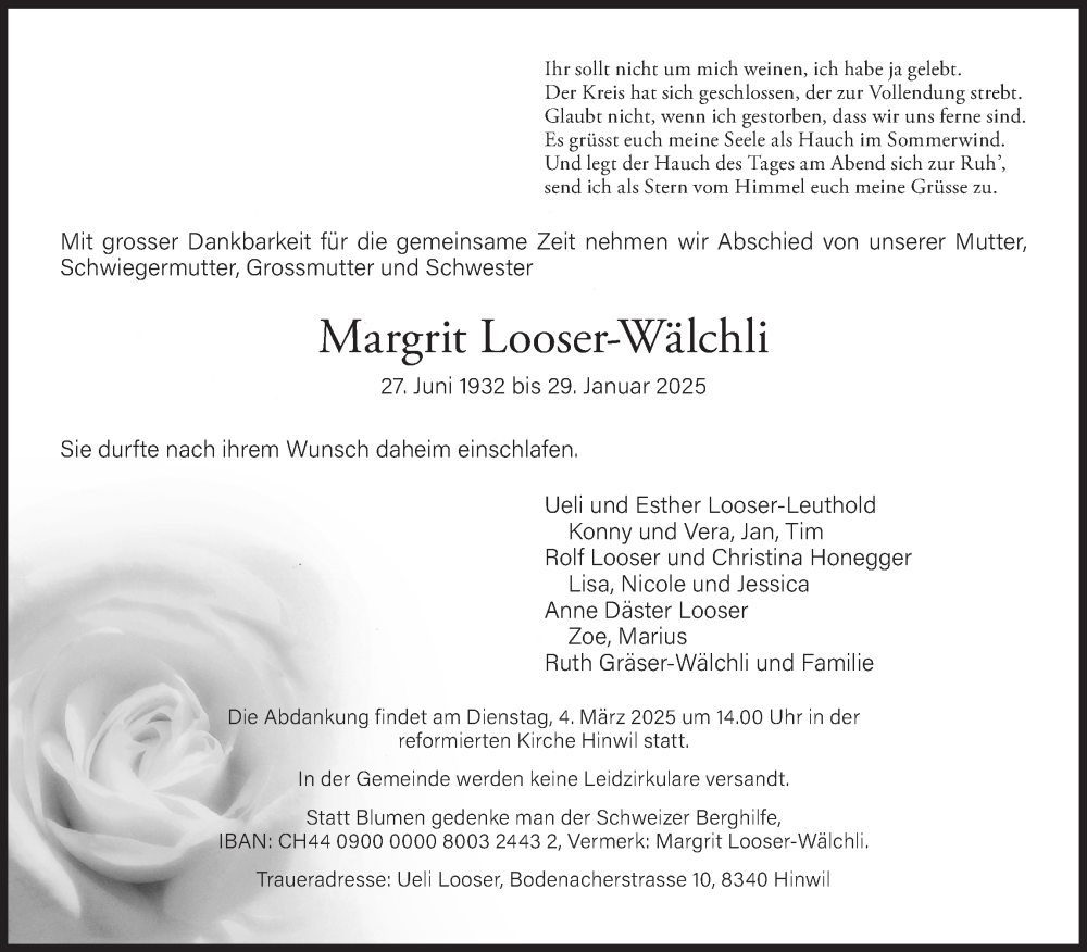  Traueranzeige für Margrit Looser-Wälchli vom 12.02.2025 aus AvU