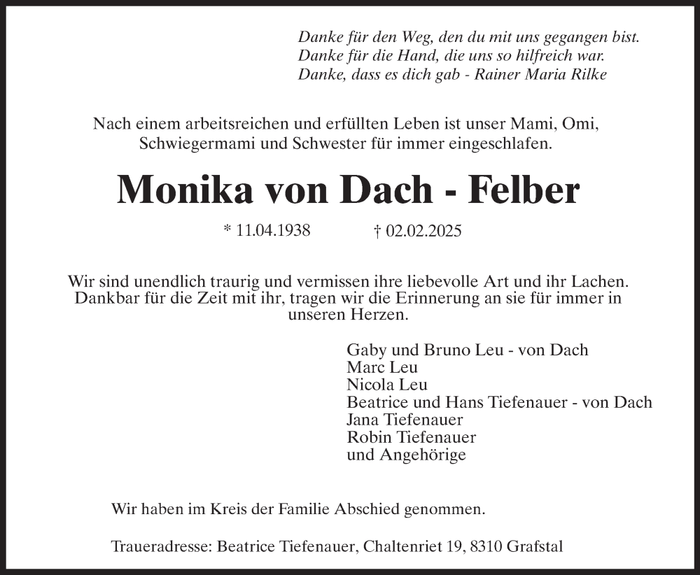  Traueranzeige für Monika von Dach vom 13.02.2025 aus AvU