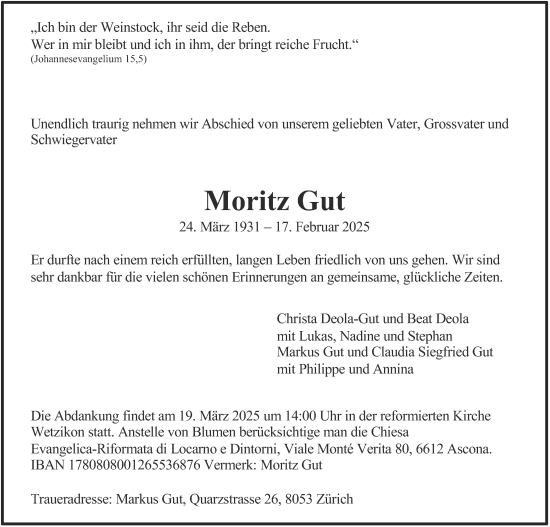Traueranzeige von Moritz Gut von AvU
