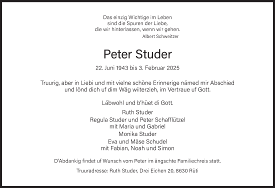 Traueranzeige von Peter Studer von AvU