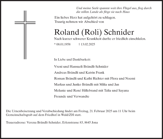 Traueranzeige von Roland Schnider von AvU