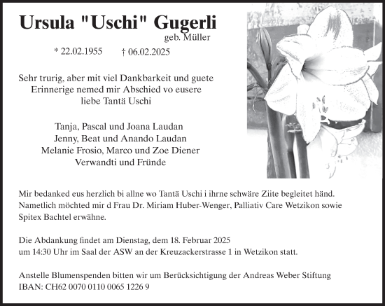 Traueranzeige von Ursula Gugerli von AvU