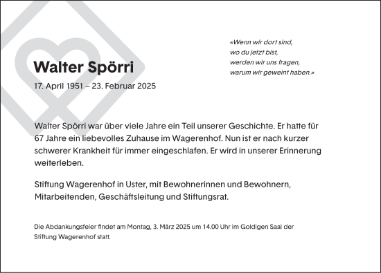 Traueranzeige von Walter Spörri von AvU