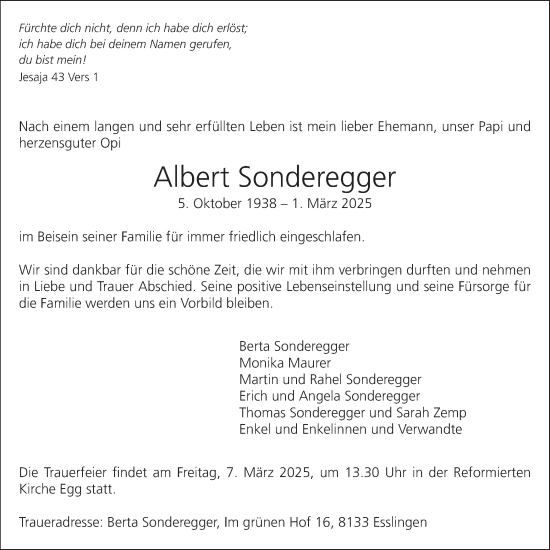 Traueranzeige von Albert Sonderegger von AvU