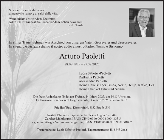 Traueranzeige von Arturo Paoletti von AvU