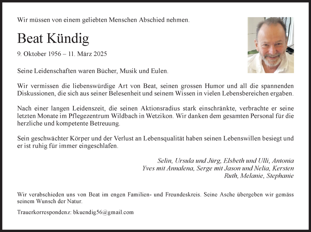  Traueranzeige für Beat Kündig vom 19.03.2025 aus AvU