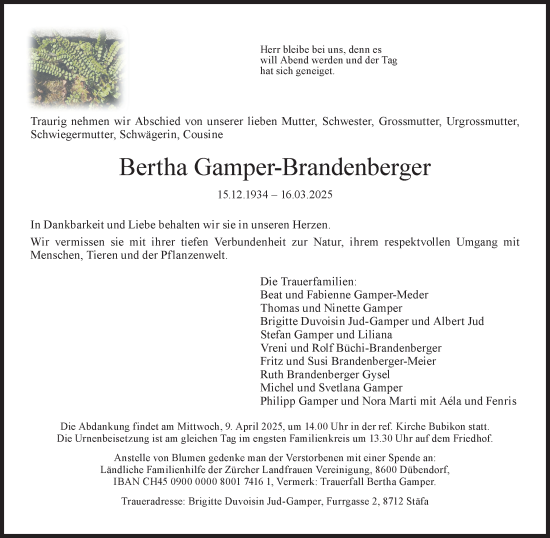 Traueranzeige von Bertha Gamper von AvU