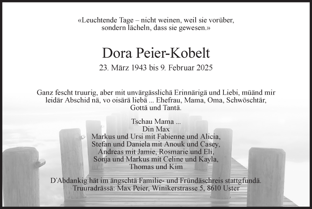  Traueranzeige für Dora Peier vom 26.03.2025 aus AvU