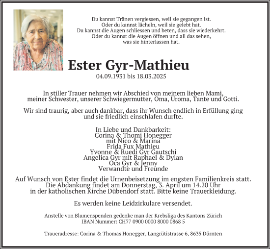 Traueranzeige von Ester Gyr-Mathieu von GL solo
