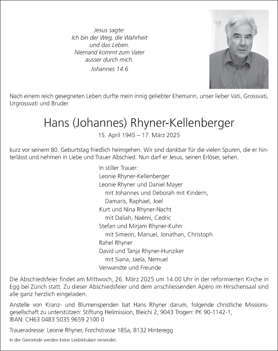 Traueranzeige von Hans  Rhyner-Kellenberger von AvU