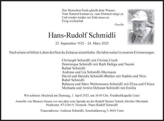 Traueranzeige von Hans-Rudolf Schmidli von AvU