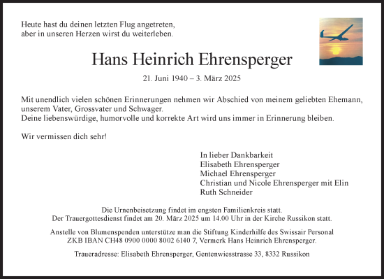 Traueranzeige von Hans Heinrich Ehrensperger von AvU