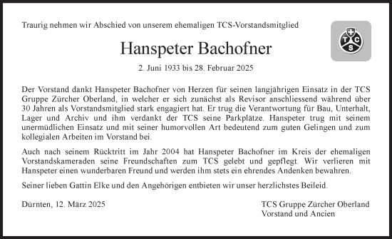 Traueranzeige von Hanspeter Bachofner von AvU