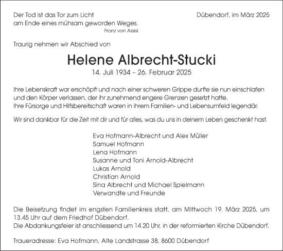 Traueranzeige von Helene Albrecht-Stucki von GL solo