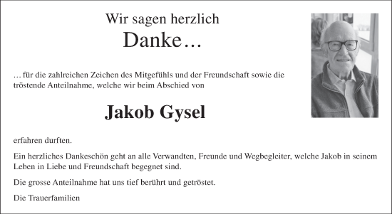 Traueranzeige von Jakob Gysel von AvU