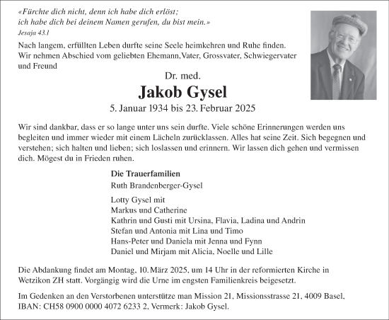 Traueranzeige von Jakob Gysel von AvU