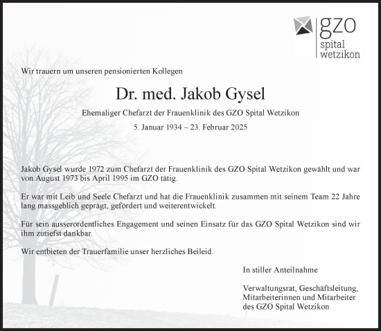 Traueranzeige von Jakob Gysel von AvU