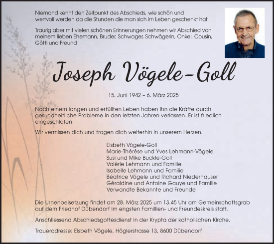 Traueranzeige von Joseph Vögele-Goll von GL solo