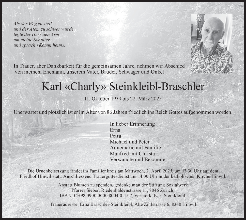  Traueranzeige für Karl Steinkleibl-Braschler vom 27.03.2025 aus AvU