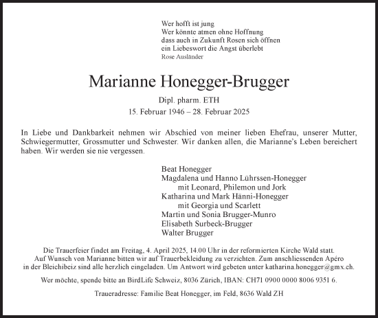 Traueranzeige von Marianne Honegger-Brugger von AvU