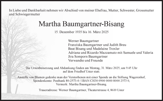 Traueranzeige von Martha Baumgartner von AvU