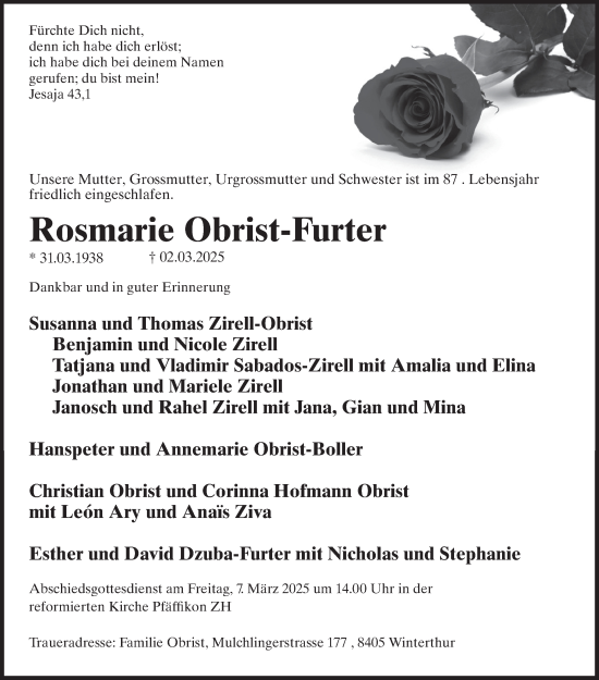 Traueranzeige von Rosmarie Obrist von AvU