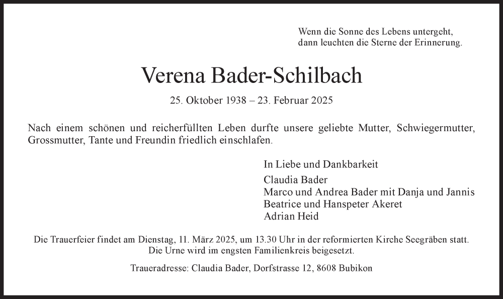  Traueranzeige für Verena Bader-Schilbach vom 05.03.2025 aus AvU