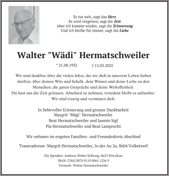 Traueranzeige von Walter Hermatschweiler von AvU