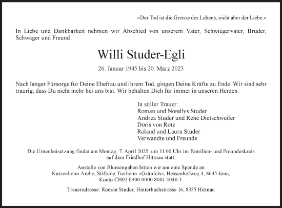 Traueranzeige von Willi Studer von AvU