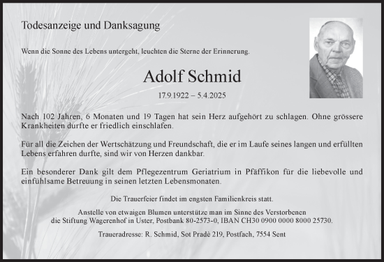 Traueranzeige von Adolf Schmid von AvU