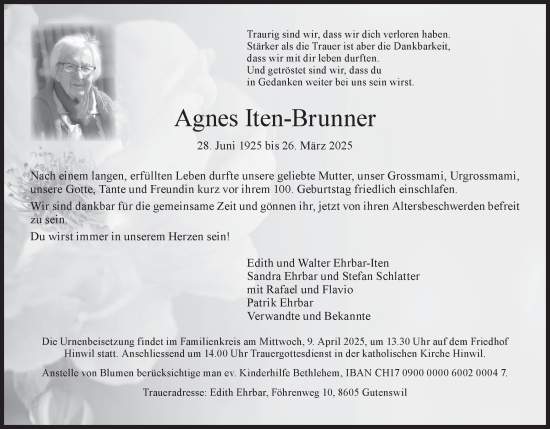 Traueranzeige von Agnes Iten-Brunner von AvU