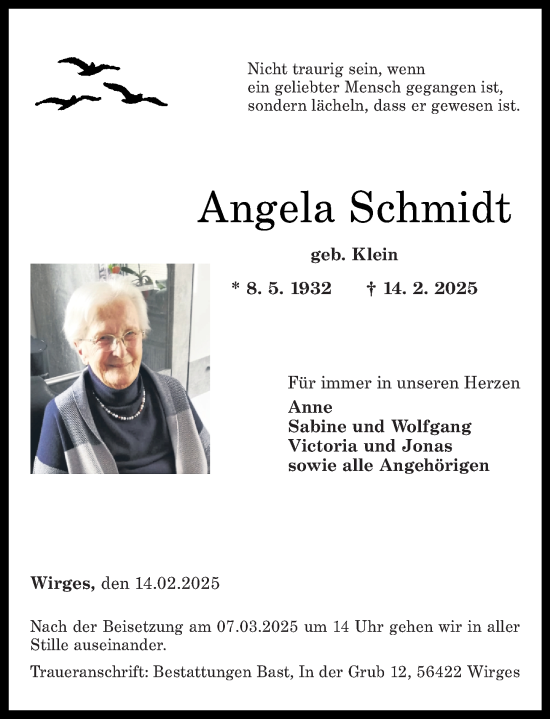 Traueranzeige von Angela Schmidt von Rhein-Zeitung