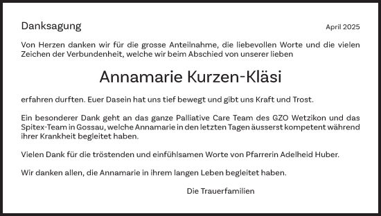 Traueranzeige von Annamarie Kurzen-Kläsi von AvU