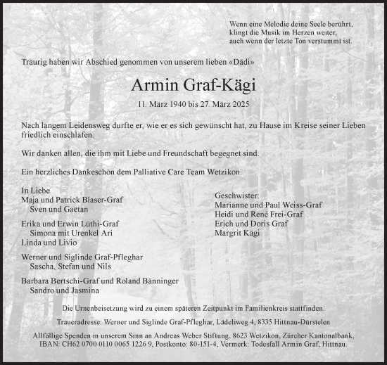 Traueranzeige von Armin Graf-Kägi von AvU