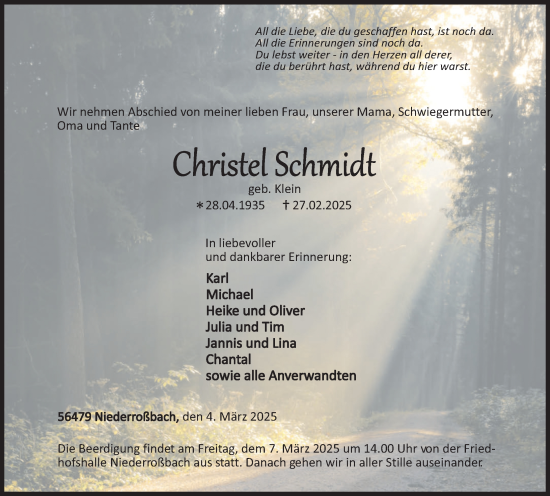 Traueranzeige von Christel Schmidt von Rhein-Zeitung