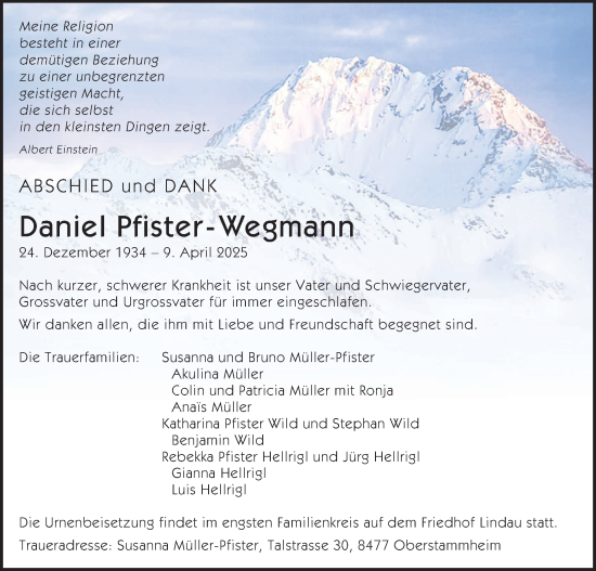 Traueranzeige von Daniel Pfister-Wegmann von AvU