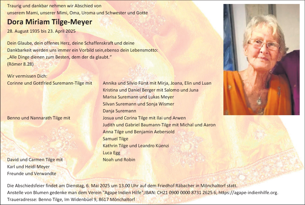  Traueranzeige für Dora Miriam Tilge-Meyer vom 30.04.2025 aus AvU