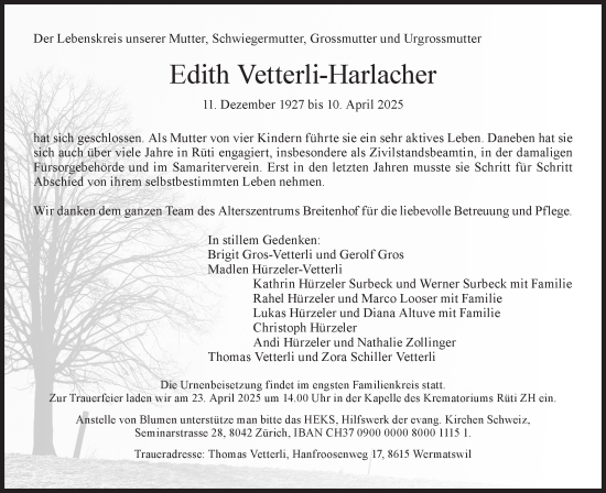 Traueranzeige von Edith Vetterli-Harlacher von AvU
