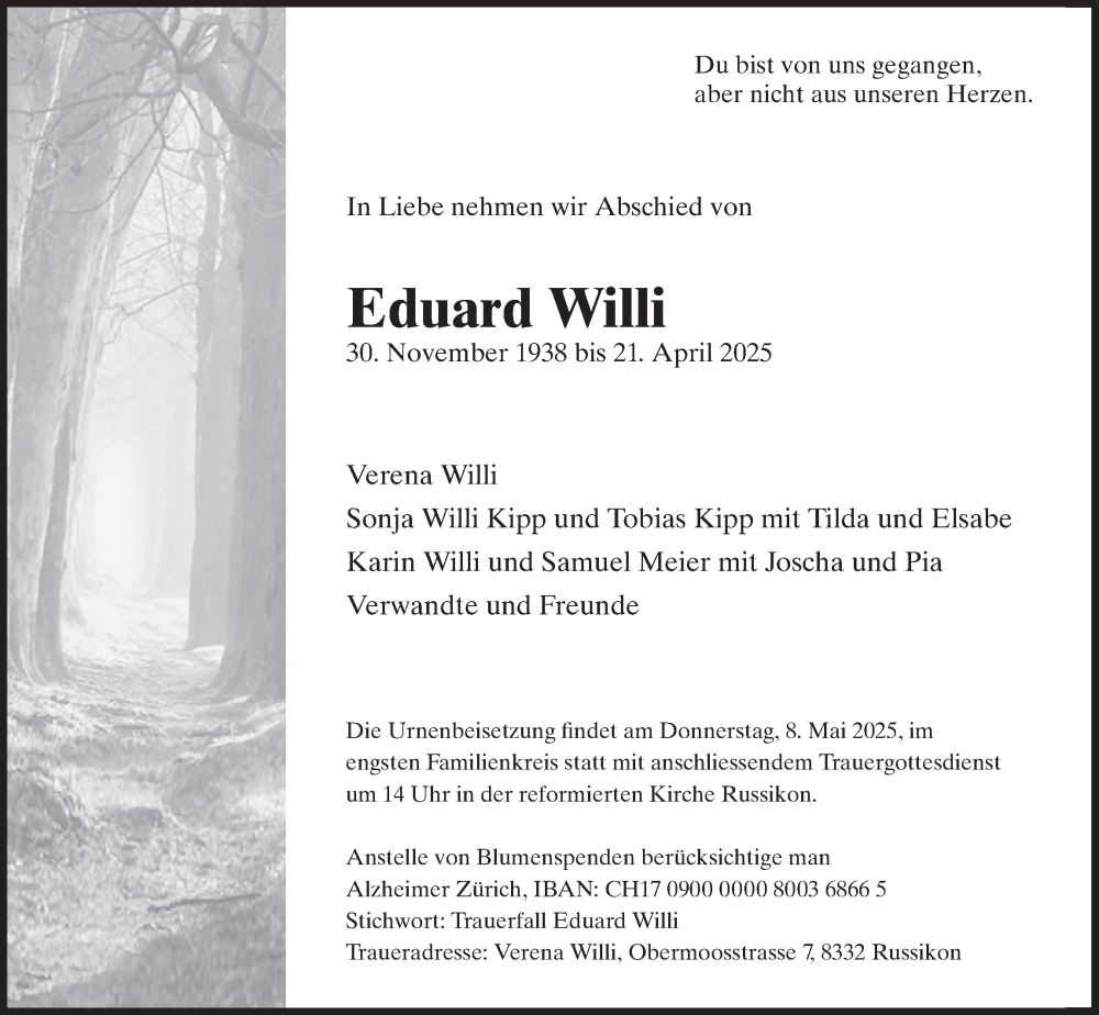  Traueranzeige für Eduard Willi vom 30.04.2025 aus AvU