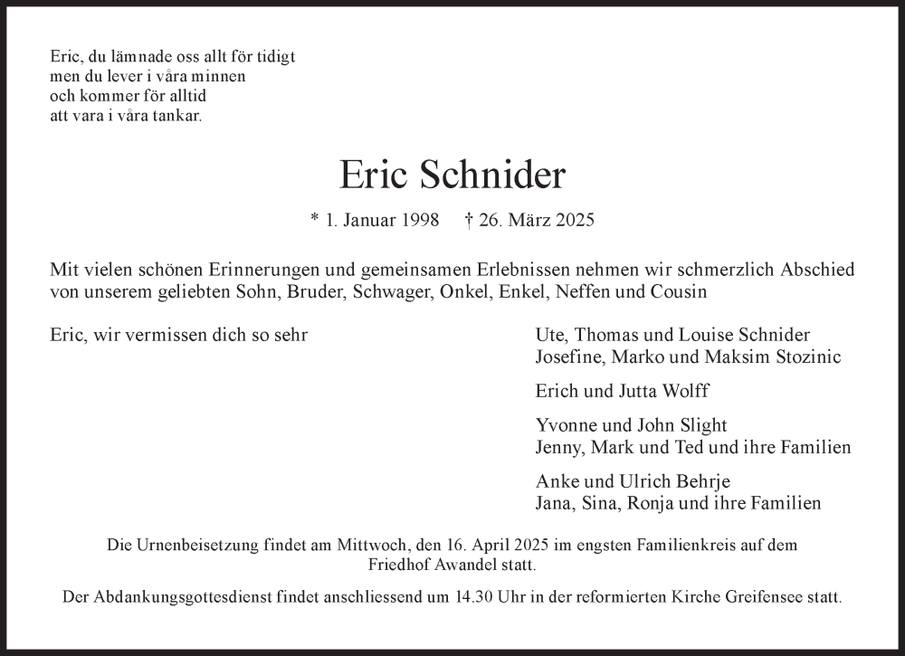  Traueranzeige für Eric Schnider vom 09.04.2025 aus AvU
