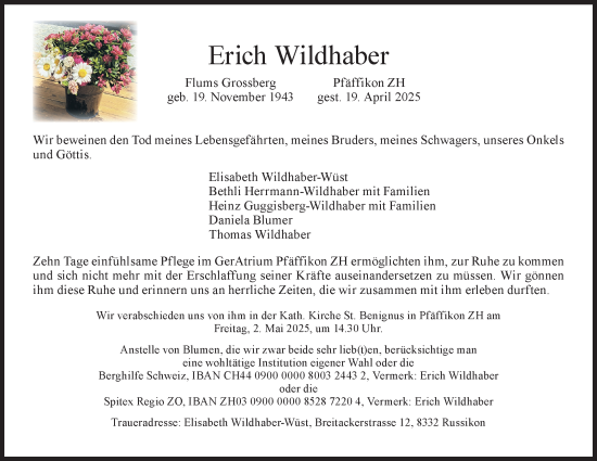 Traueranzeige von Erich Wildhaber von AvU