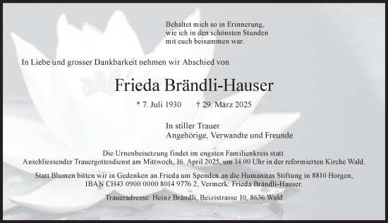 Traueranzeige von Frieda Brändli-Hauser von AvU