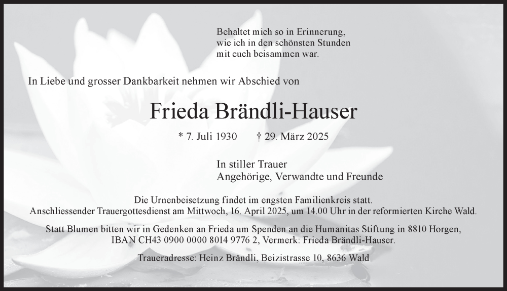  Traueranzeige für Frieda Brändli-Hauser vom 04.04.2025 aus AvU