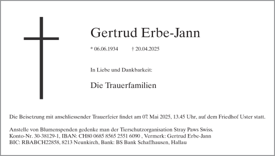 Traueranzeige von Gertrud Erbe-Jann von AvU
