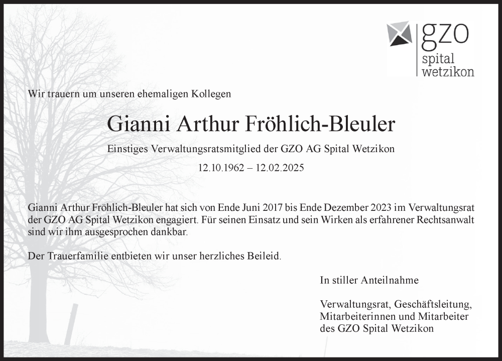  Traueranzeige für Gianni Arthur Fröhlich-Bleuler vom 08.04.2025 aus AvU