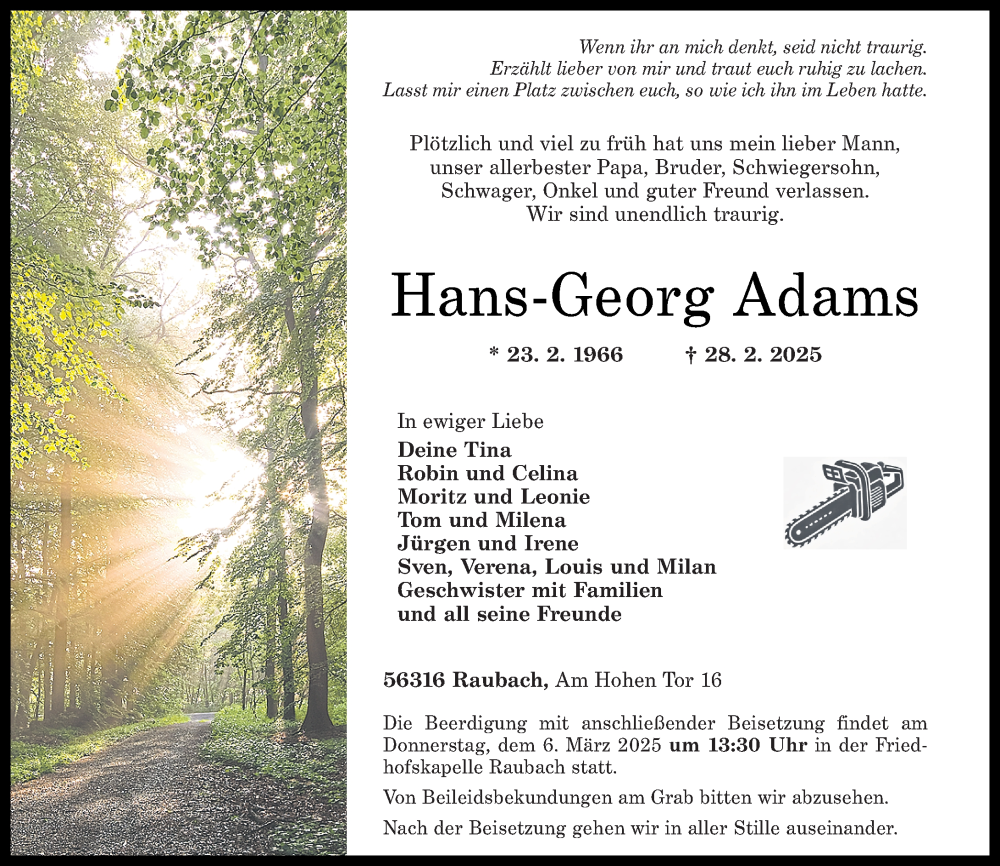  Traueranzeige für Hans-Georg Adams vom 04.03.2025 aus Rhein-Zeitung